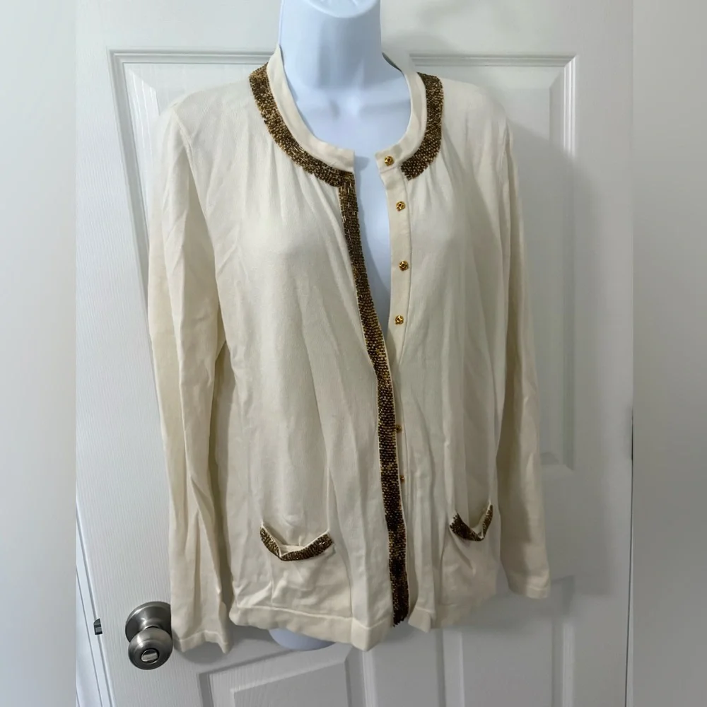 J. McLaughlin  womens Elegant Cream w/ gold Beading lightweight Cardigan L